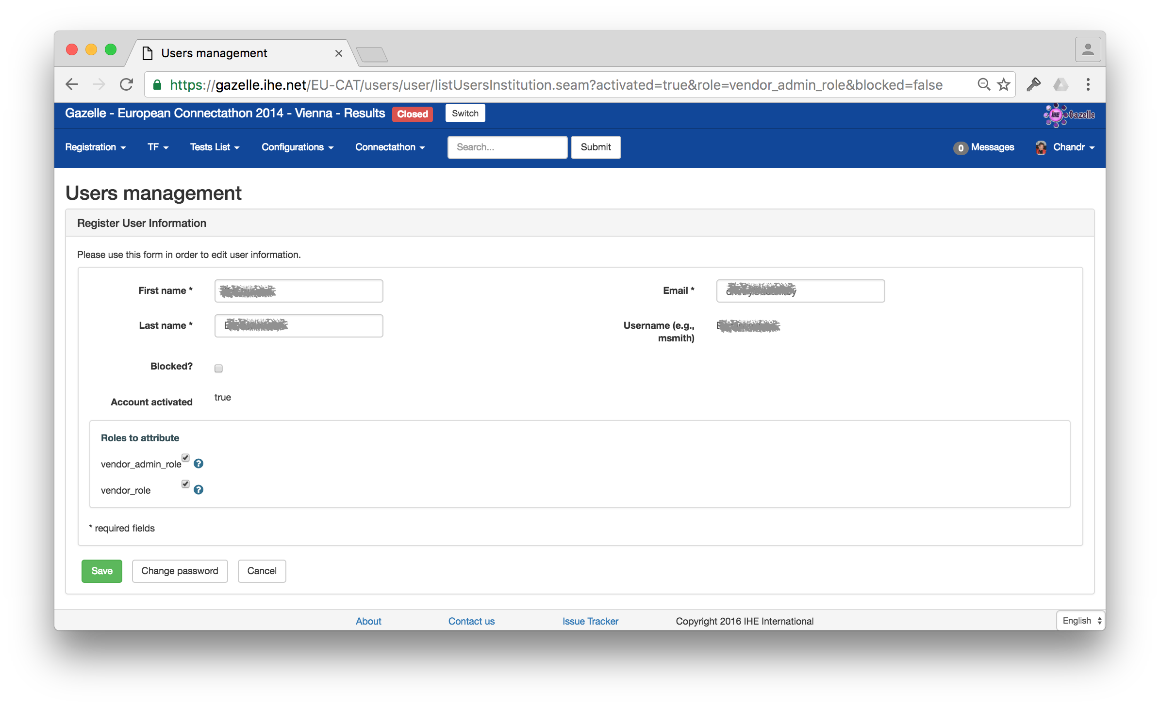 Edition of a user as a user with vendor_admin role